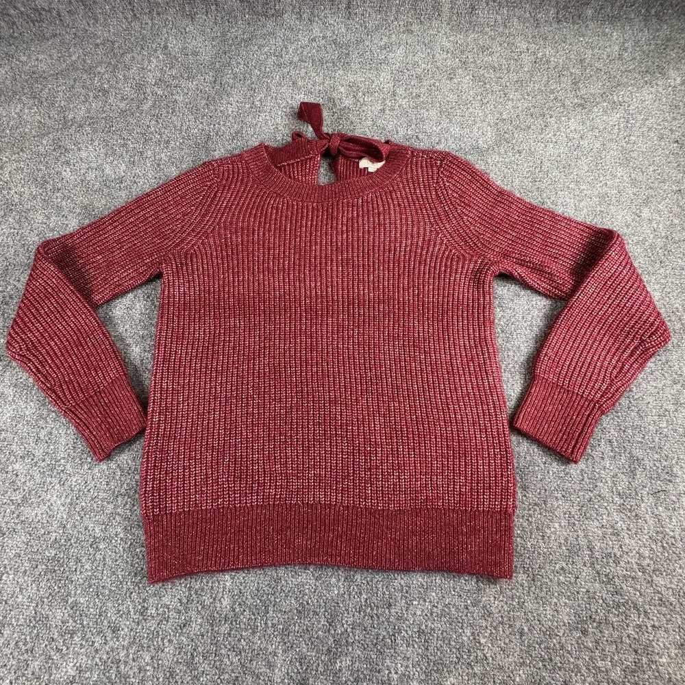 LOFT Sweater Women M Red Metallic Gold Sparkle Tie Back Cozy Feminine Holiday